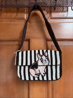Beaded Striped Shoulder Bag with French Bulldog Motif - Black & White